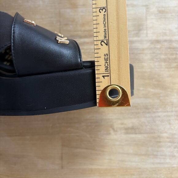 Karl Lagerfeld Studded Charm Platform Gold Black Leather Wedge Sandals 9M NEW - Picture 7 of 10